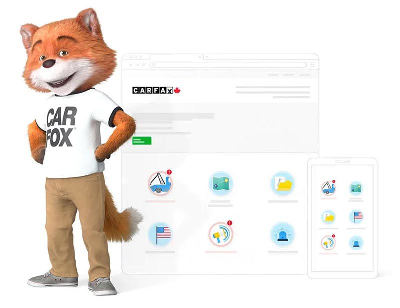CAR FOX beside an illustration of a CARFAX report on desktop and mobile.